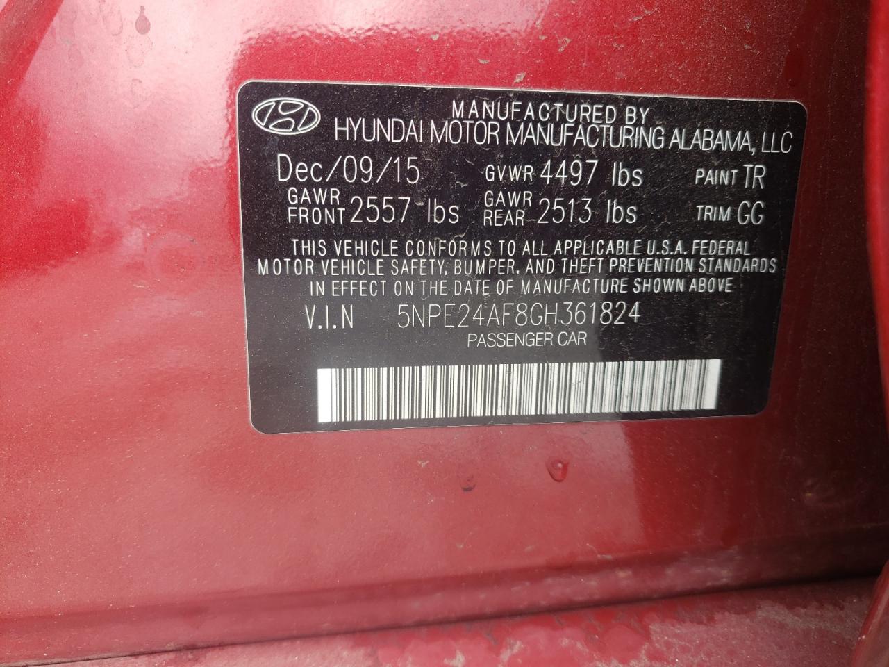 Photo 10 from auction – 2016 HYUNDAI SONATA SE with VIN 5NPE24AF8GH361824