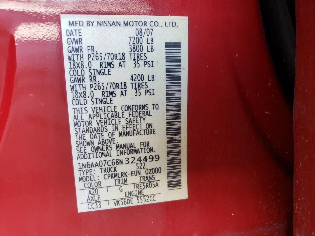 Photo 10 from auction – 2008 NISSAN TITAN XE with VIN 1N6AA07C68N324499