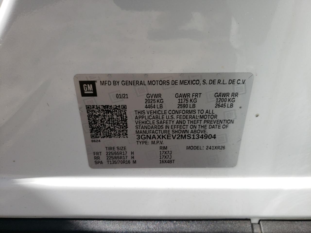 Photo 10 from auction – 2021 CHEVROLET EQUINOX LT with VIN 3GNAXKEV2MS134904