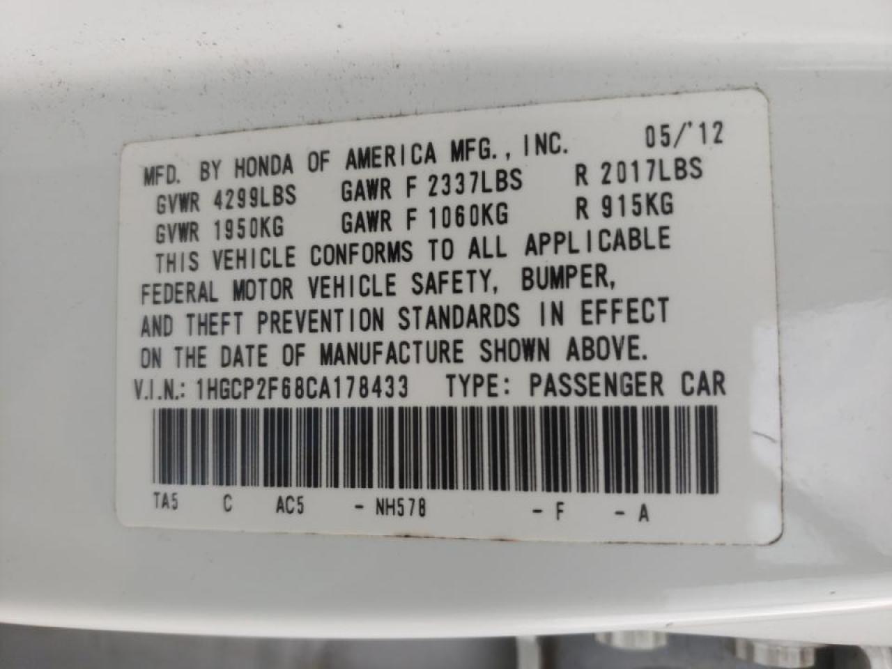 Photo 10 from auction – 2012 HONDA ACCORD SE with VIN 1HGCP2F68CA178433