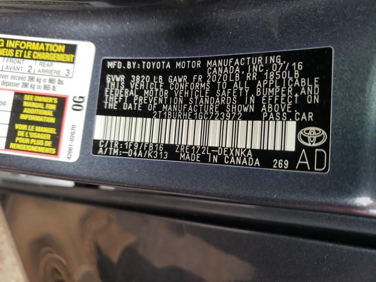 Photo 10 from auction – 2016 TOYOTA COROLLA L with VIN 2T1BURHE1GC723972