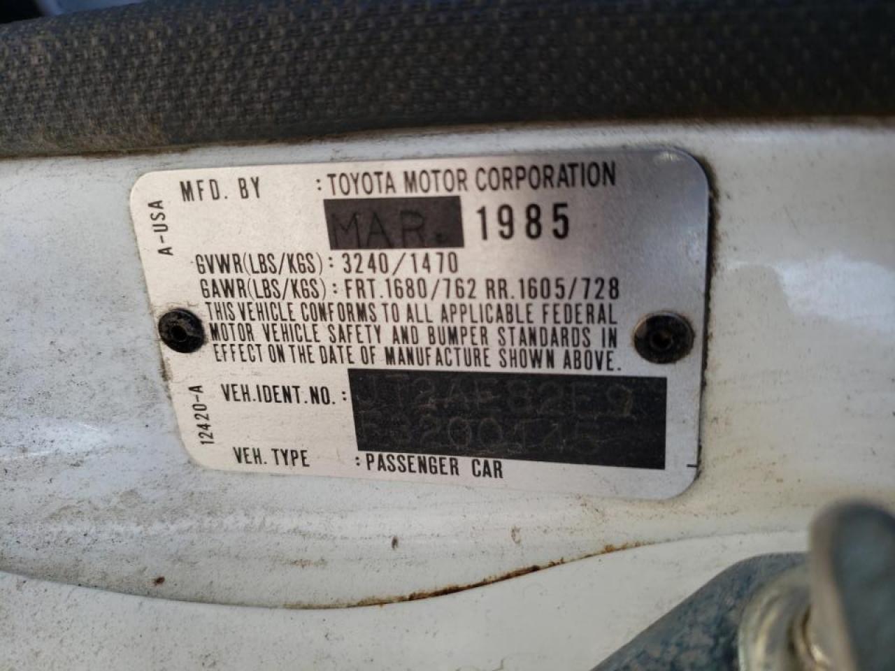 Photo 10 from auction – 1985 TOYOTA COROLLA DL with VIN JT2AE82E9F3200145