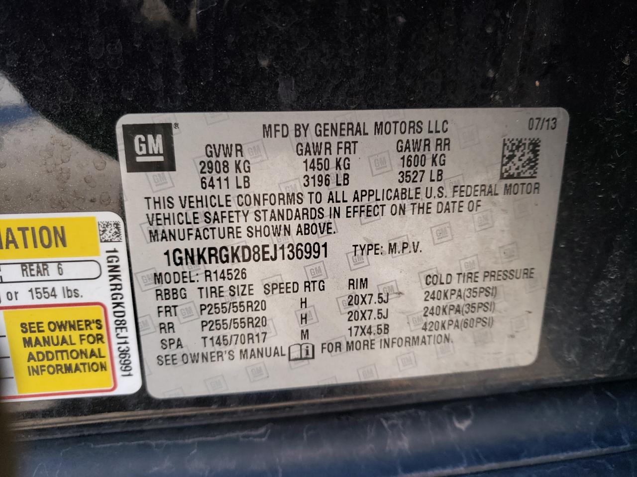 Photo 10 from auction – 2014 CHEVROLET TRAVERSE L with VIN 1GNKRGKD8EJ136991