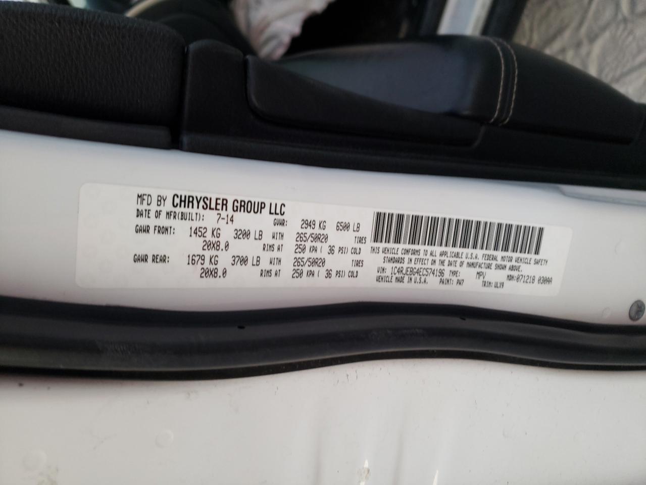 Photo 10 from auction – 2014 JEEP GRAND CHER with VIN 1C4RJEBG4EC574196