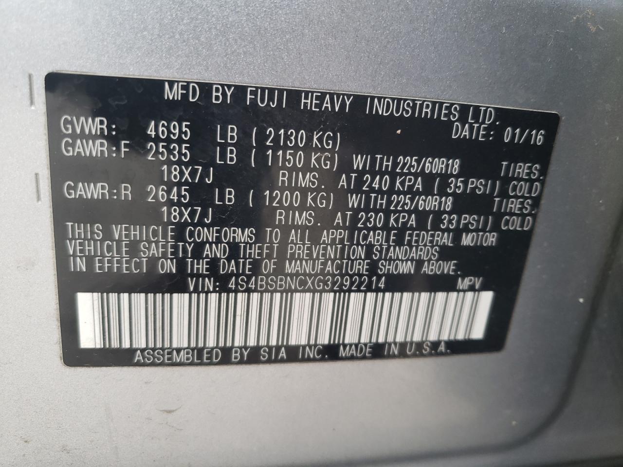 Photo 10 from auction – 2016 SUBARU OUTBACK 2. with VIN 4S4BSBNCXG3292214