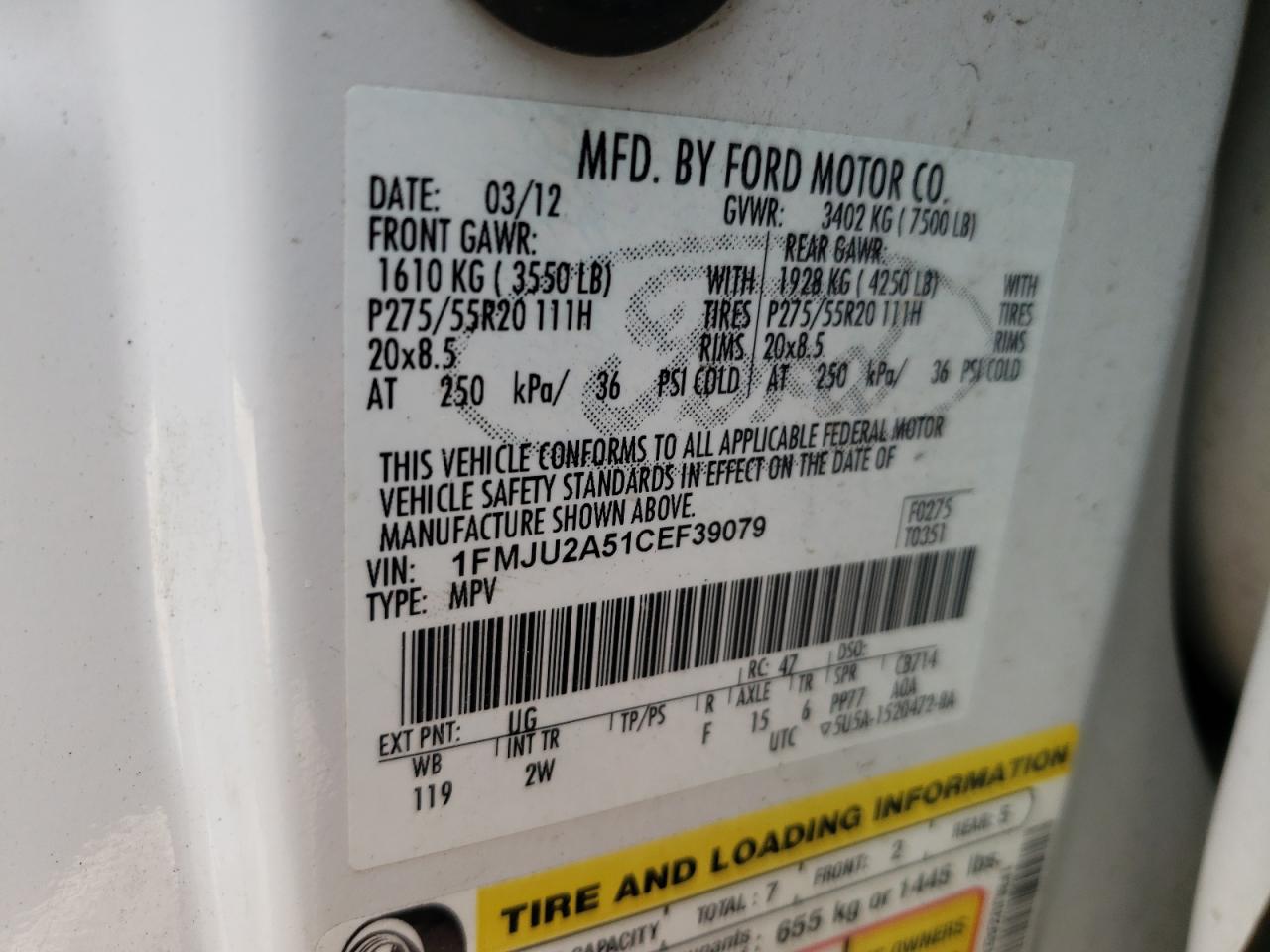 Photo 10 from auction – 2012 FORD EXPEDITION with VIN 1FMJU2A51CEF39079