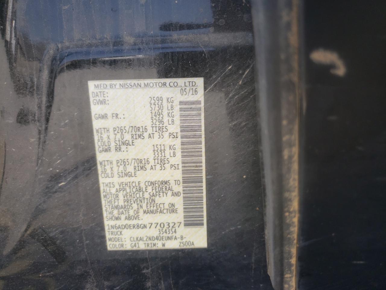 Photo 10 from auction – 2016 NISSAN FRONTIER S with VIN 1N6AD0ER8GN770327