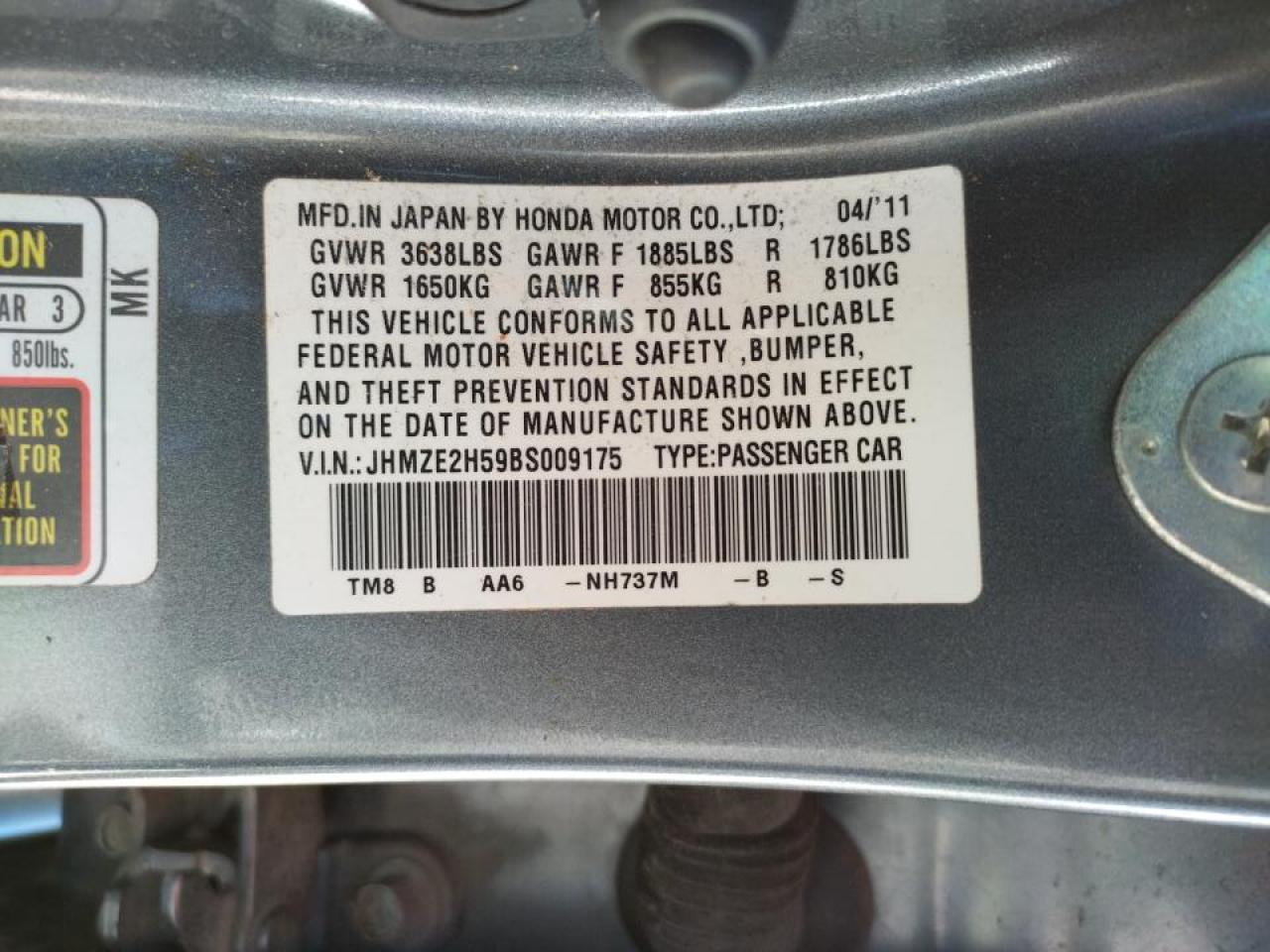 Photo 10 from auction – 2011 HONDA INSIGHT LX with VIN JHMZE2H59BS009175