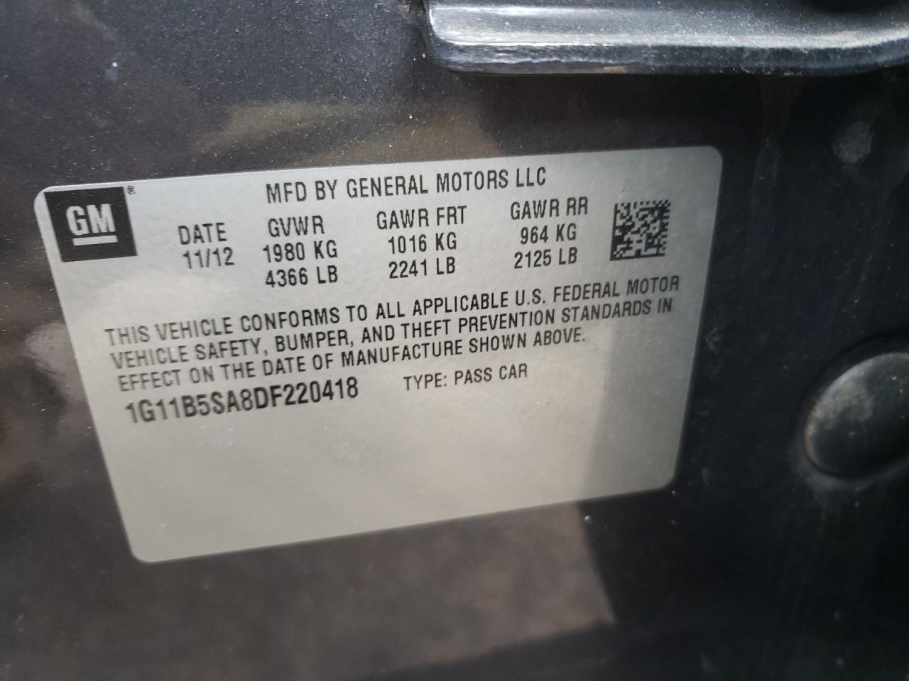 Photo 10 from auction – 2013 CHEVROLET MALIBU LS with VIN 1G11B5SA8DF220418