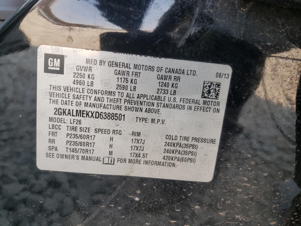 Photo 10 from auction – 2013 GMC TERRAIN SL with VIN 2GKALMEKXD6388501