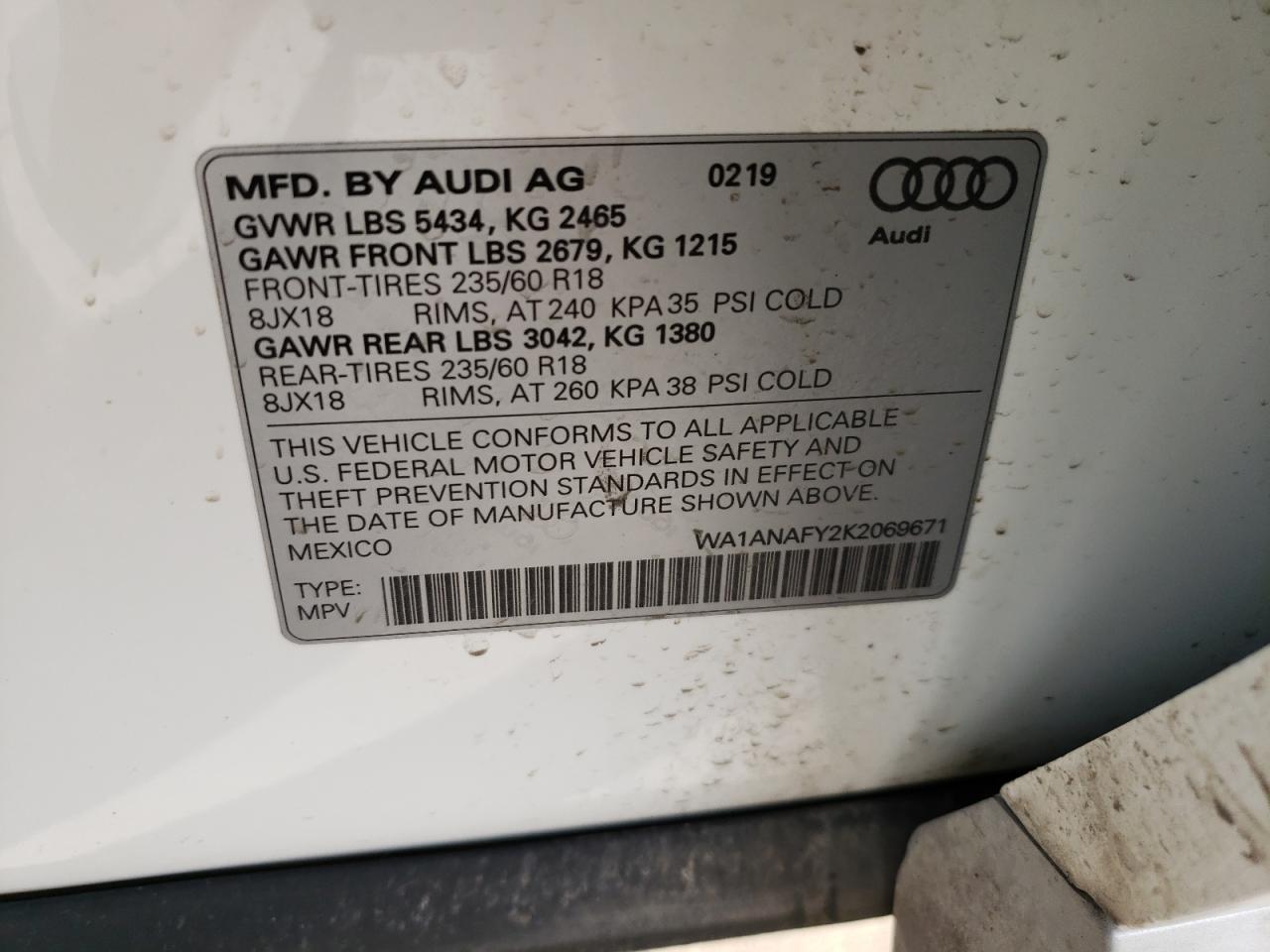 Photo 10 from auction – 2019 AUDI Q5 PREMIUM with VIN WA1ANAFY2K2069671