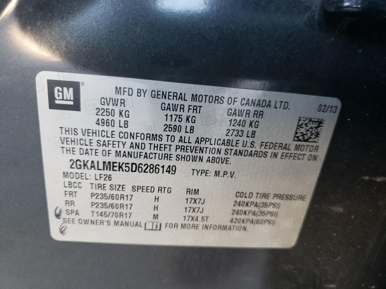 Фото 10 с аукциона – 2013 GMC TERRAIN SL с VIN 2GKALMEK5D6286149