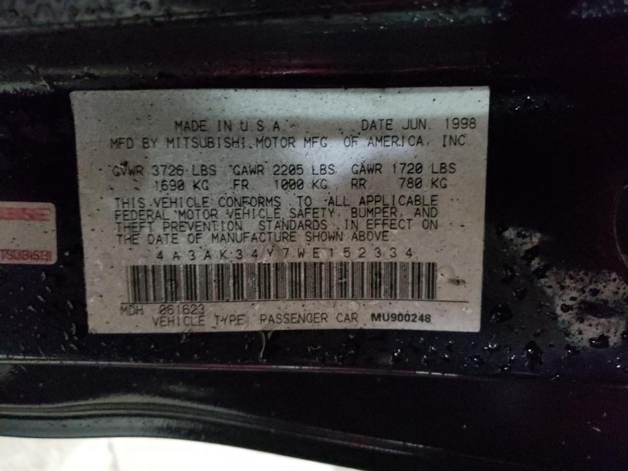 Photo 10 from auction – 1998 MITSUBISHI ECLIPSE RS with VIN 4A3AK34Y7WE152334