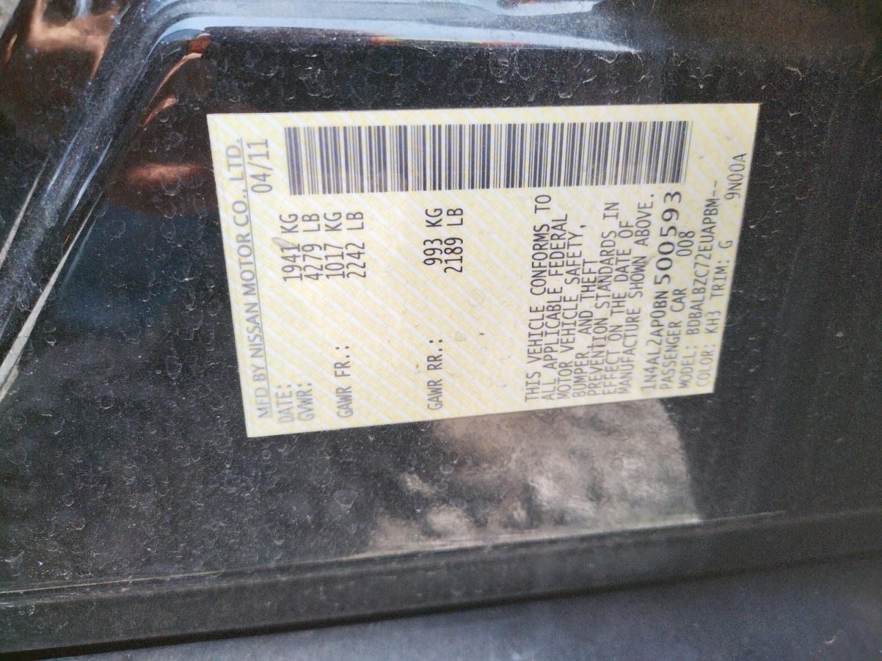 Photo 10 from auction – 2011 NISSAN ALTIMA BAS with VIN 1N4AL2AP0BN500593
