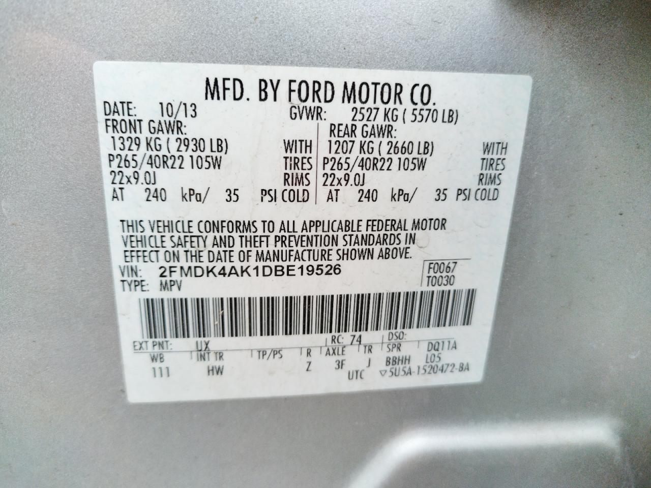 Photo 10 from auction – 2013 FORD EDGE SPORT with VIN 2FMDK4AK1DBE19526