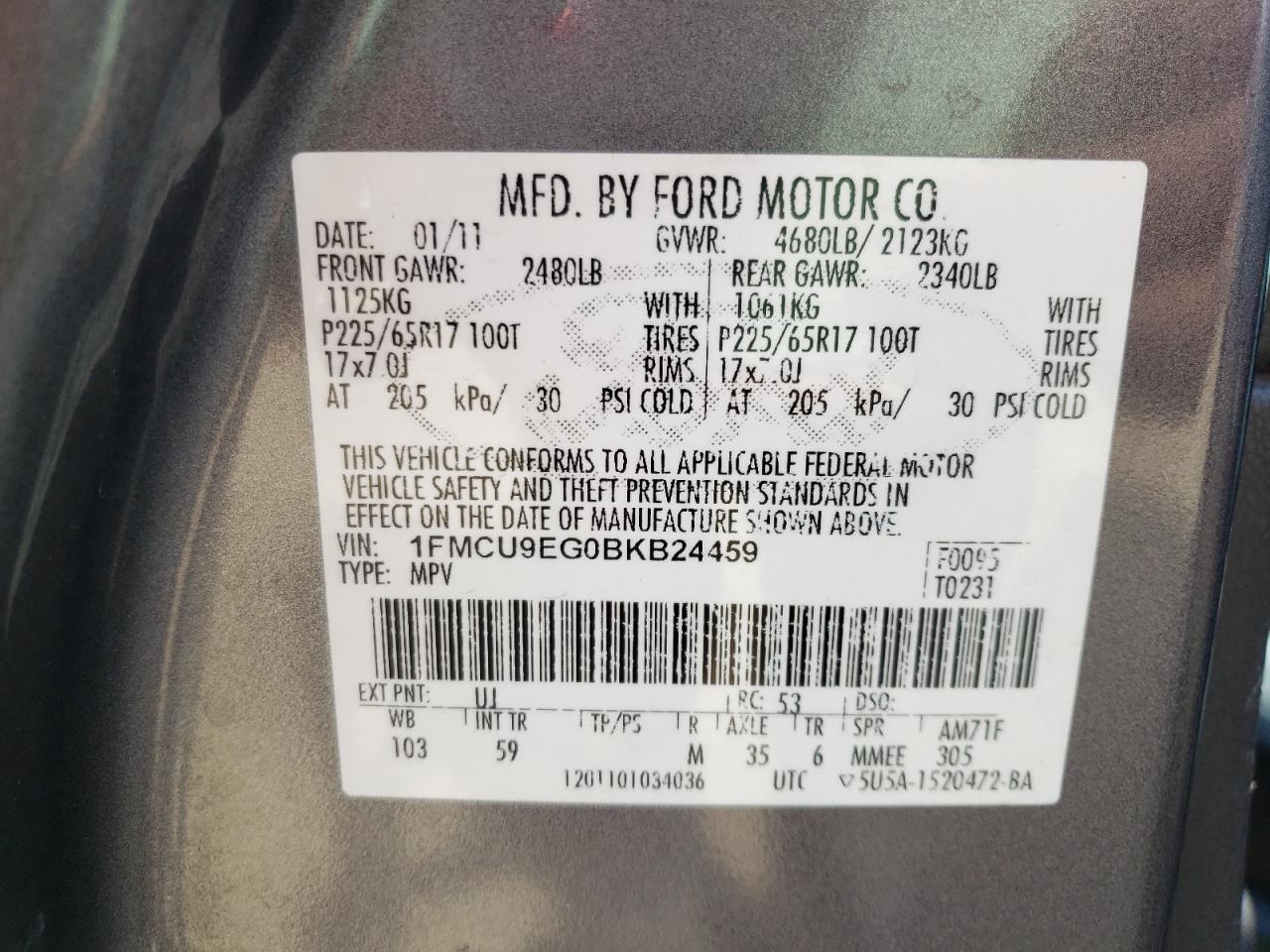 Photo 10 from auction – 2011 FORD ESCAPE LIM with VIN 1FMCU9EG0BKB24459