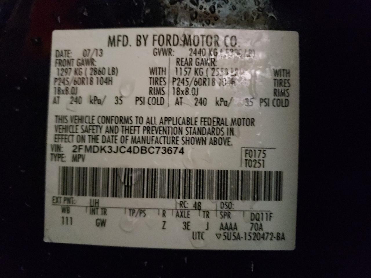 Photo 10 from auction – 2013 FORD EDGE SEL with VIN 2FMDK3JC4DBC73674