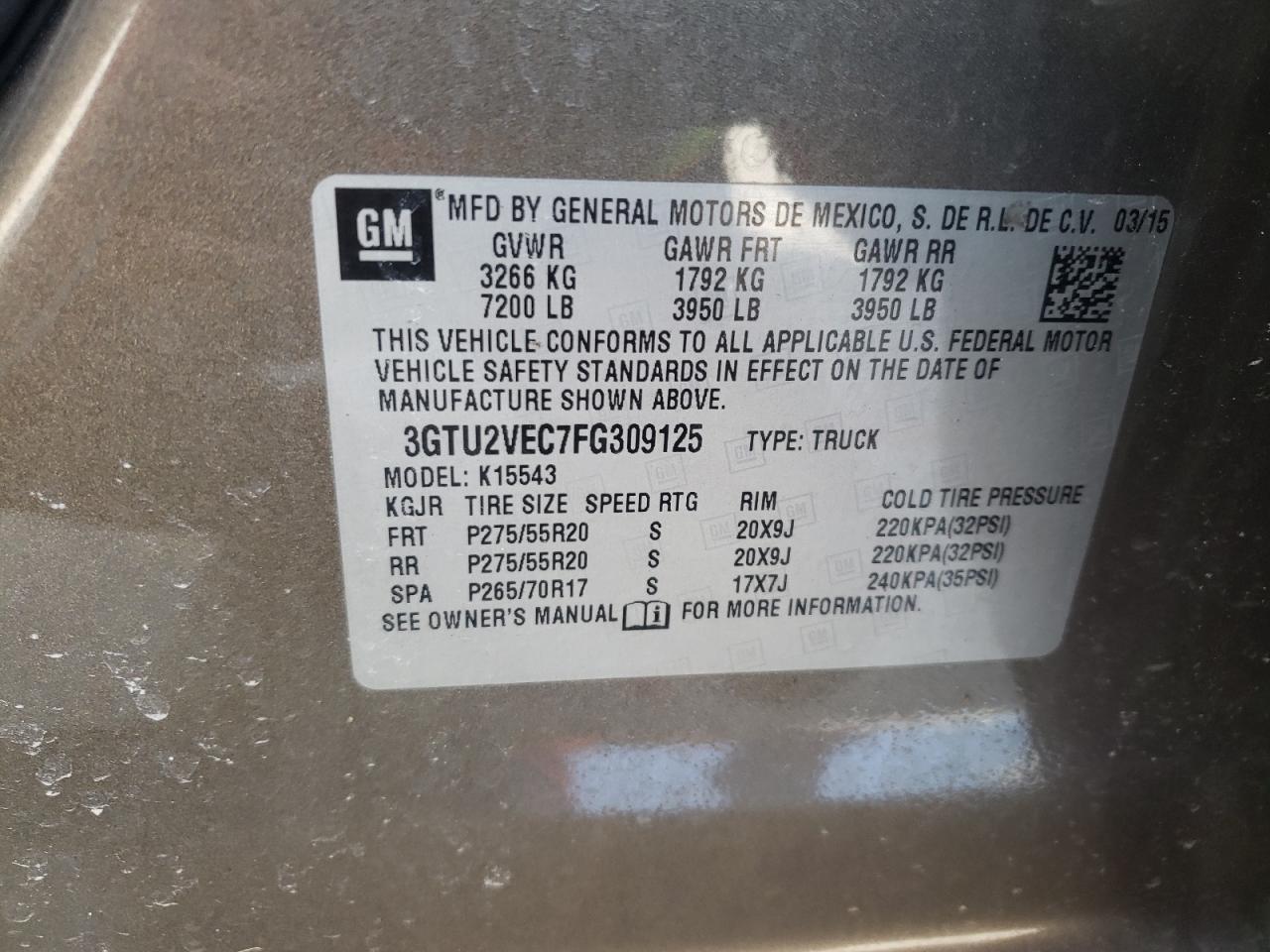 Photo 10 from auction – 2015 GMC SIERRA K15 with VIN 3GTU2VEC7FG309125