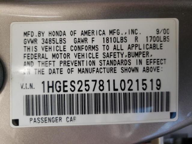 Photo 10 from auction – 2001 HONDA CIVIC EX with VIN 1HGES25781L021519