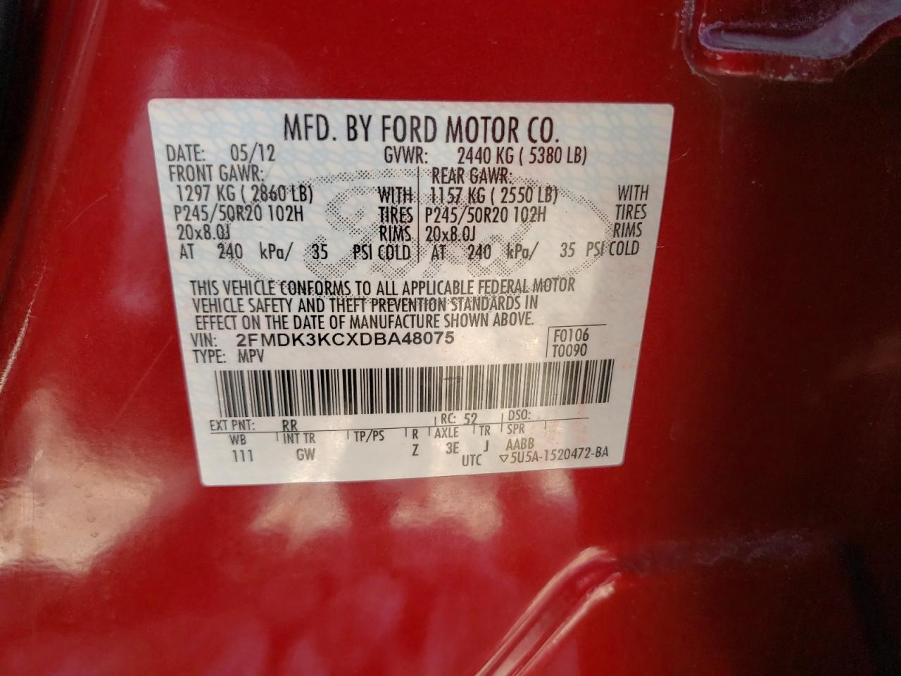 Photo 10 from auction – 2013 FORD EDGE LIMIT with VIN 2FMDK3KCXDBA48075