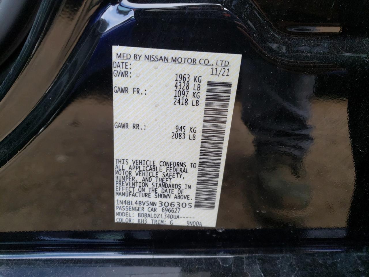 Photo 10 from auction – 2022 NISSAN ALTIMA with VIN 1N4BL4BV5NN306305
