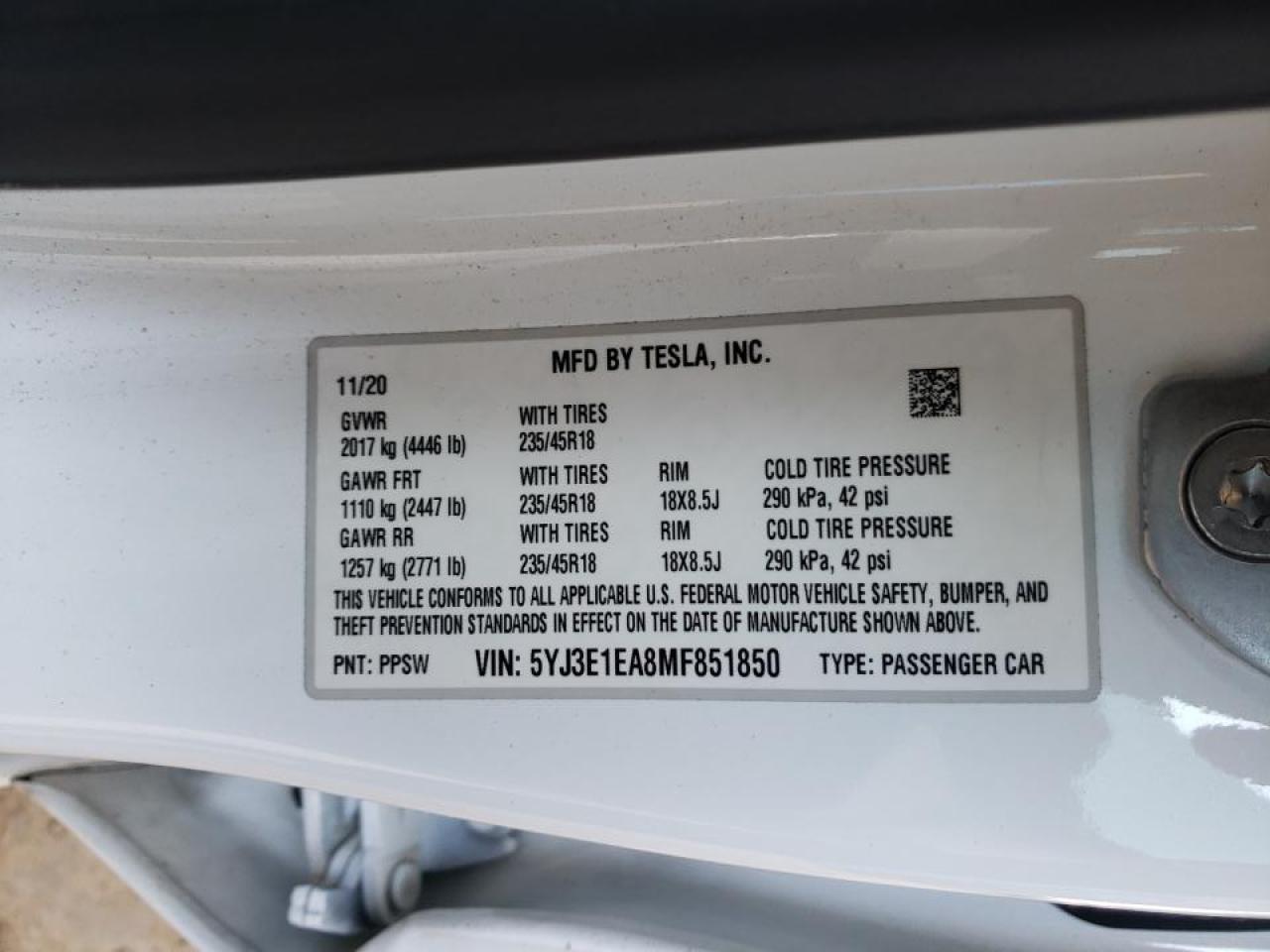 Photo 10 from auction – 2021 TESLA MODEL 3 with VIN 5YJ3E1EA8MF851850