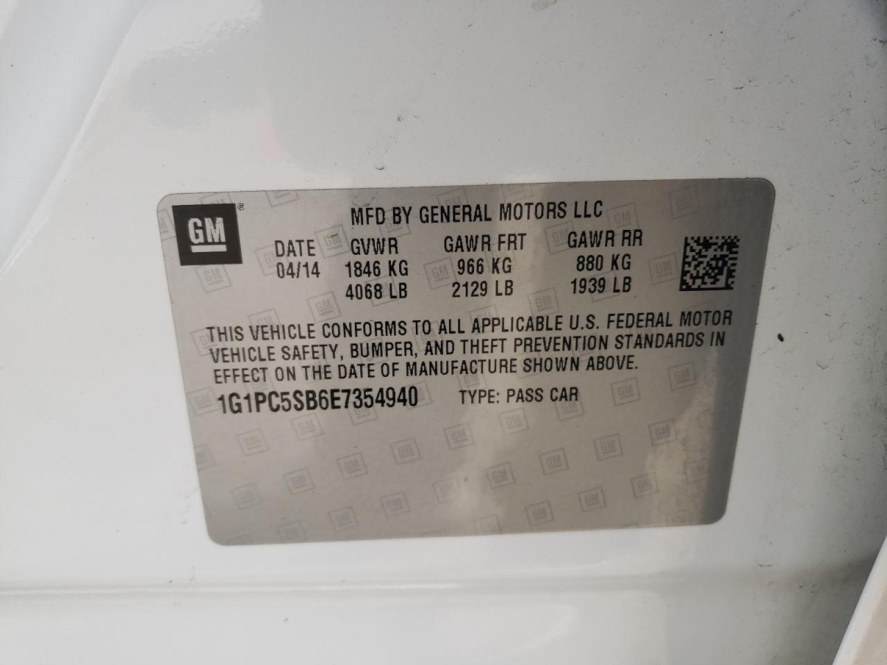 Photo 10 from auction – 2014 CHEVROLET CRUZE LT with VIN 1G1PC5SB6E7354940