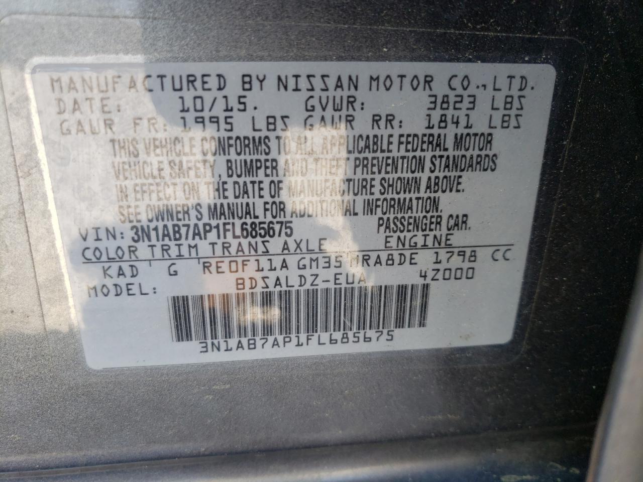Photo 10 from auction – 2015 NISSAN SENTRA S with VIN 3N1AB7AP1FL685675