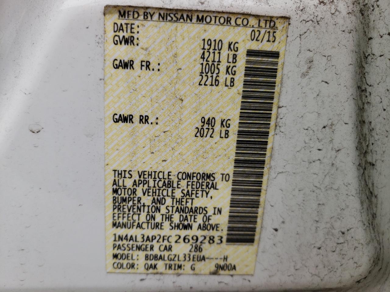 Photo 10 from auction – 2015 NISSAN ALTIMA 2.5 with VIN 1N4AL3AP2FC269283