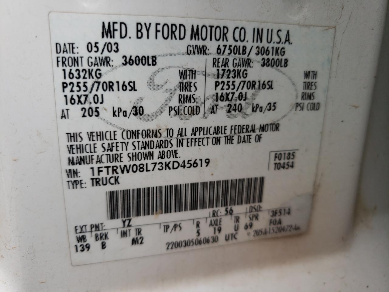Photo 10 from auction – 2003 FORD F150 SUPER with VIN 1FTRW08L73KD45619