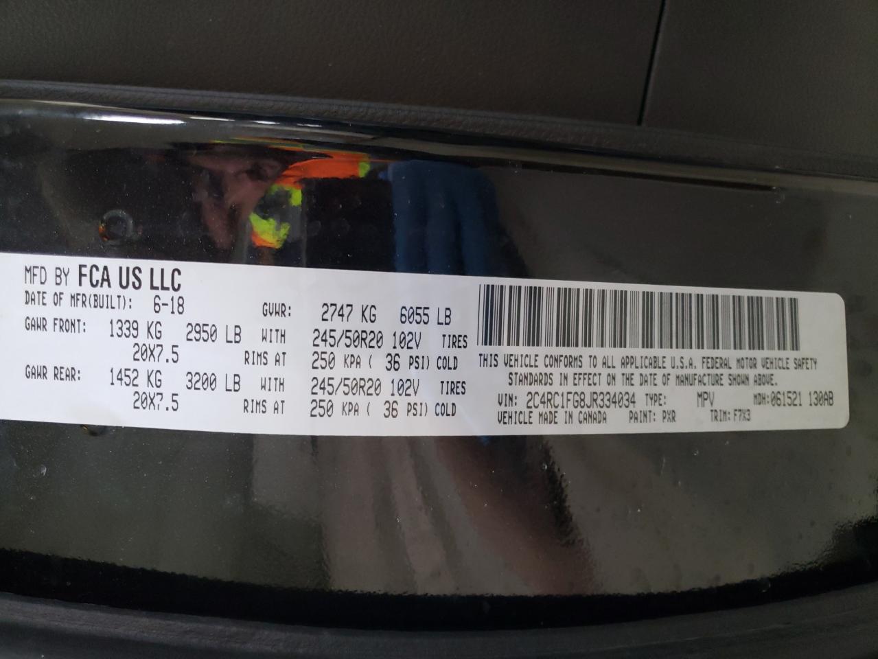 Photo 10 from auction – 2018 CHRYSLER PACIFICA T with VIN 2C4RC1FG8JR334034