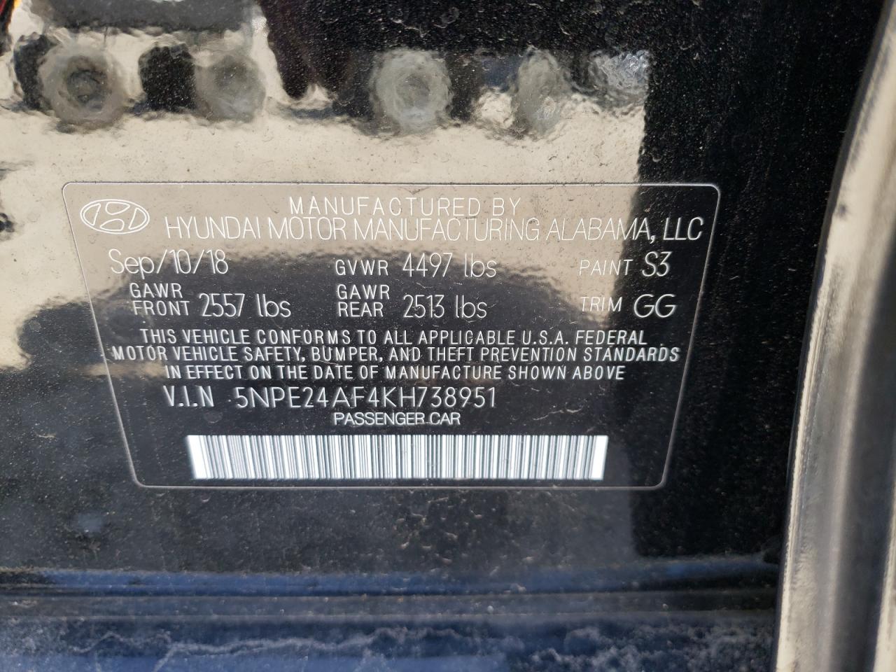 Photo 10 from auction – 2019 HYUNDAI SONATA SE with VIN 5NPE24AF4KH738951