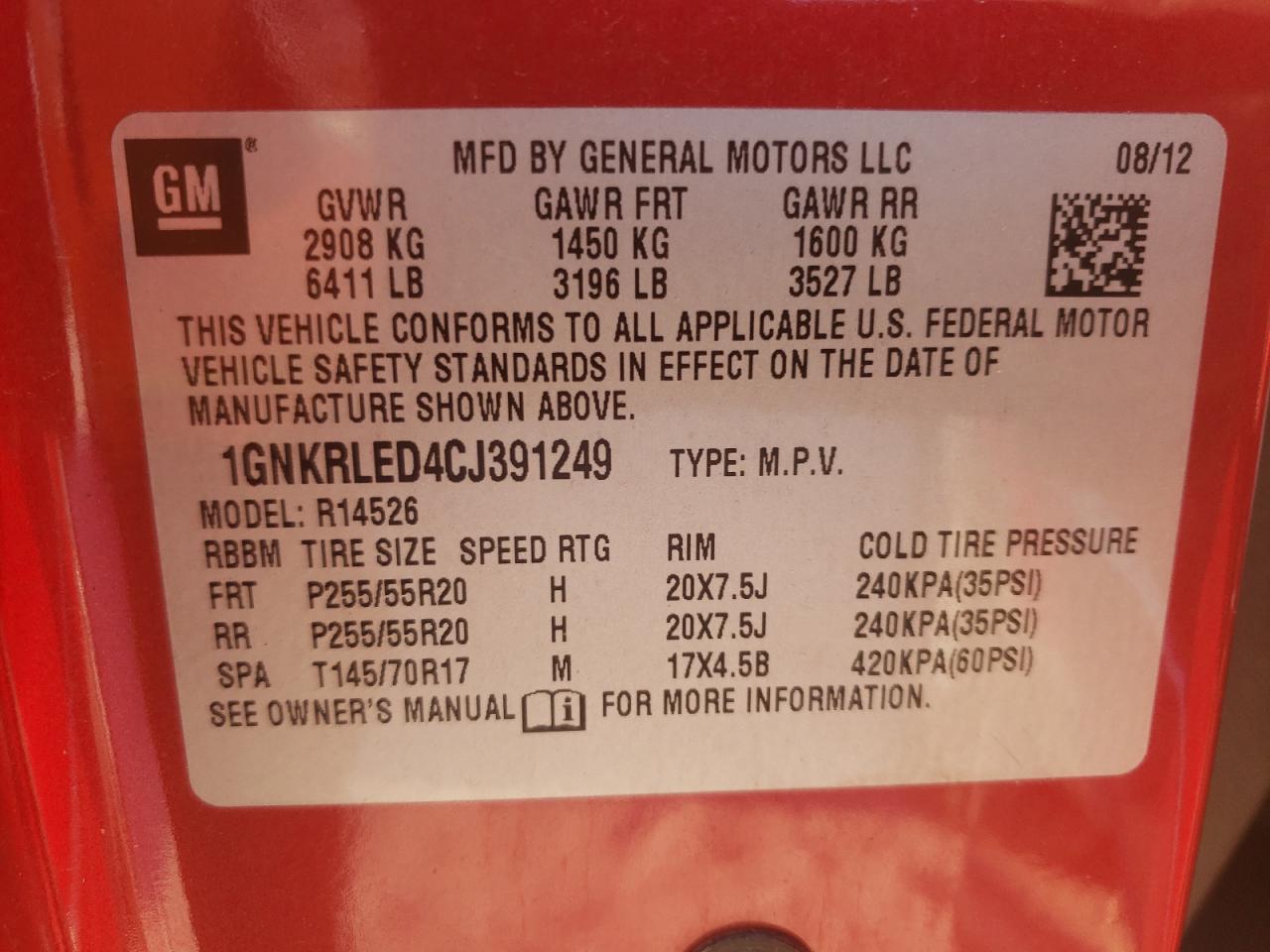 Photo 10 from auction – 2012 CHEVROLET TRAVERSE L with VIN 1GNKRLED4CJ391249
