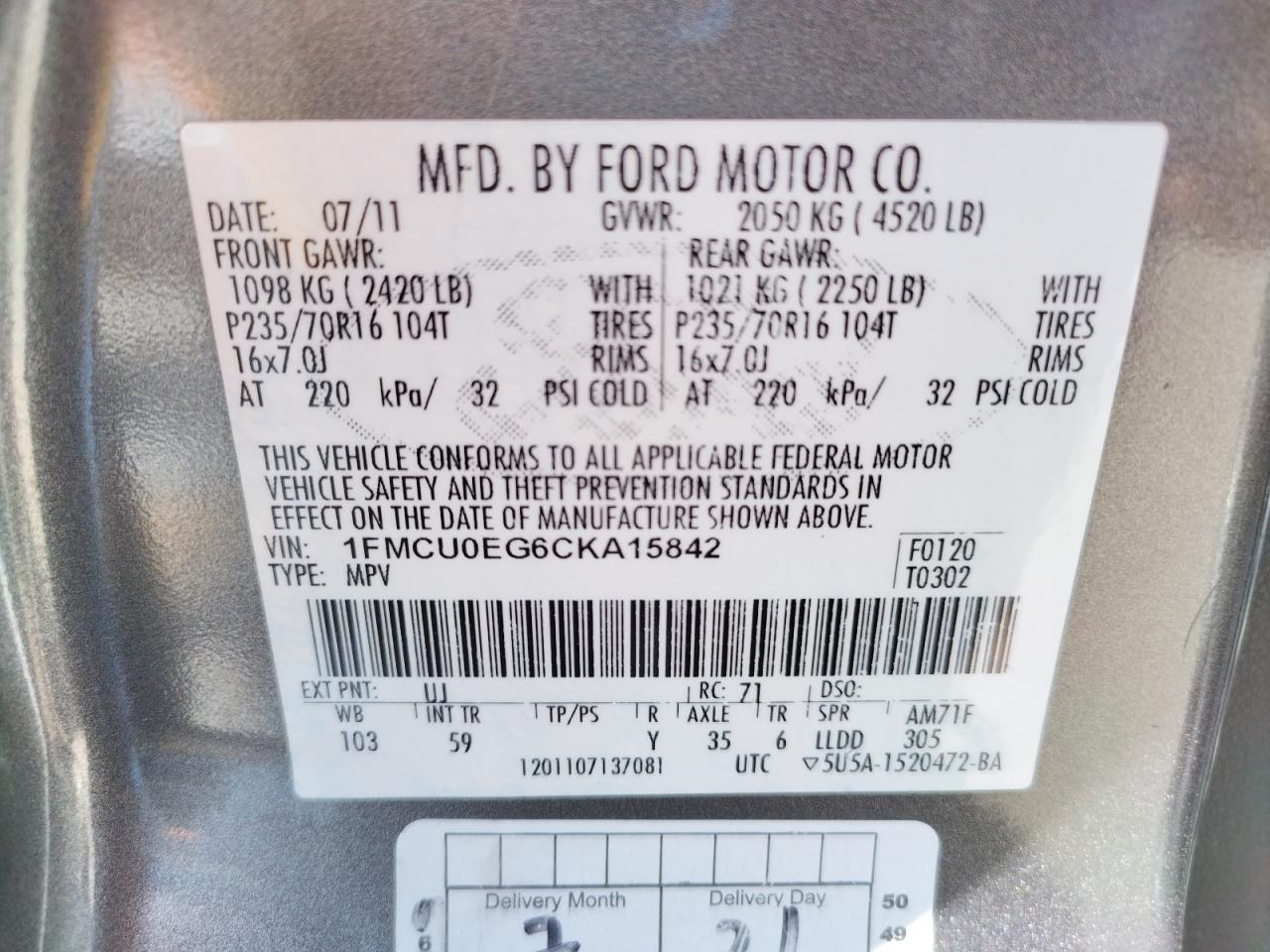 Photo 10 from auction – 2012 FORD ESCAPE LIM with VIN 1FMCU0EG6CKA15842