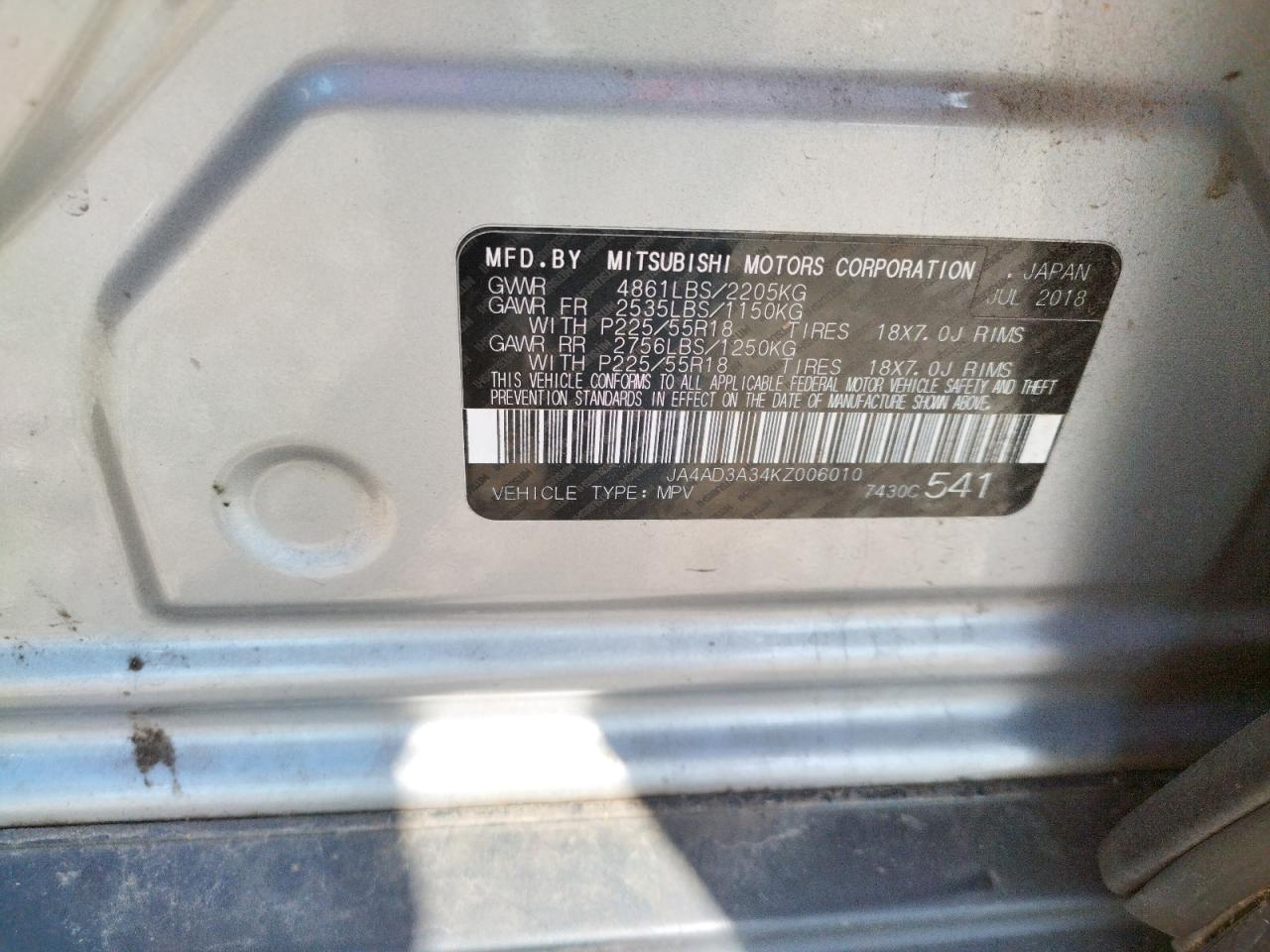 Photo 10 from auction – 2019 MITSUBISHI OUTLANDER with VIN JA4AD3A34KZ006010