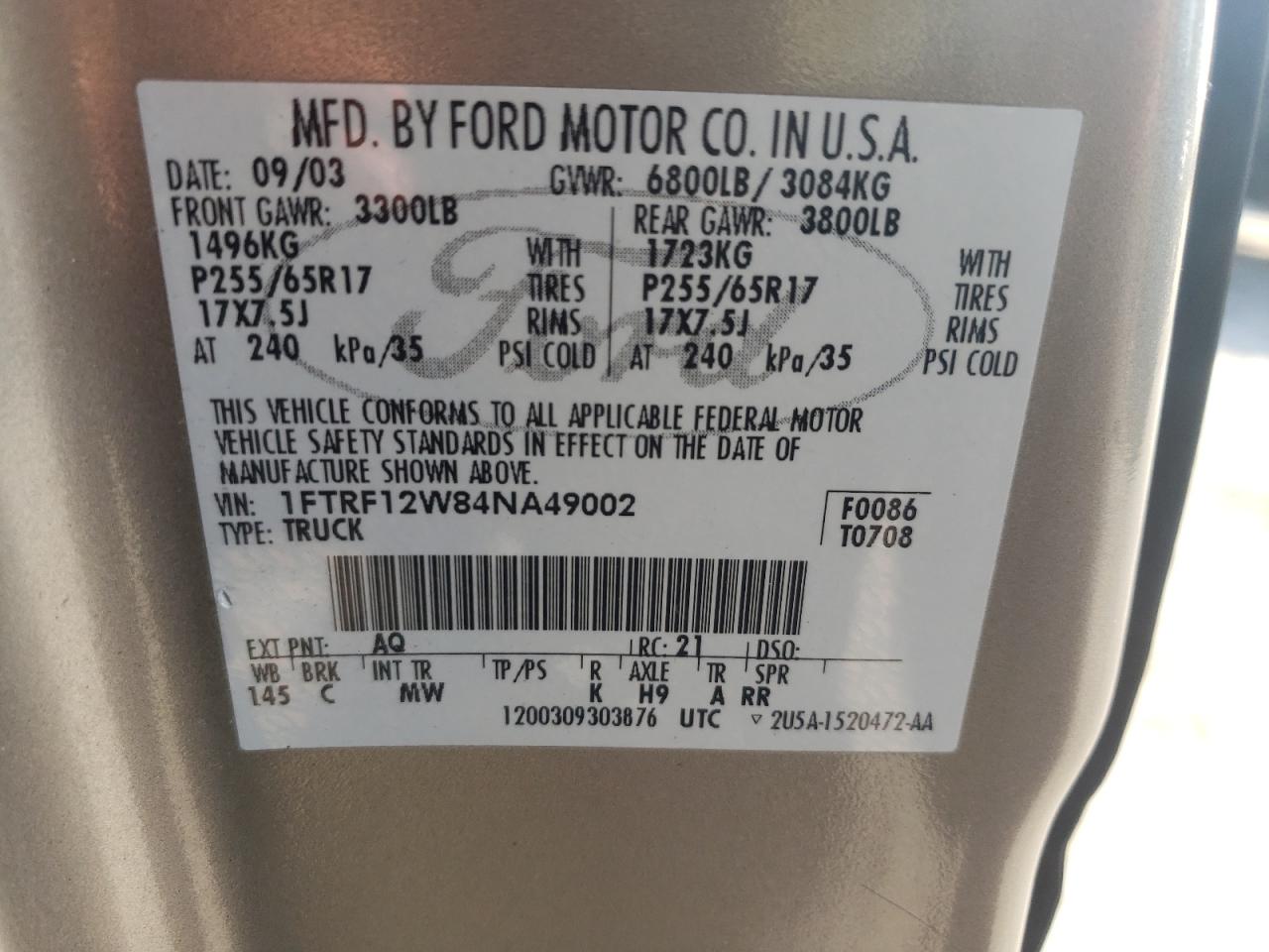 Photo 10 from auction – 2004 FORD F150 with VIN 1FTRF12W84NA49002