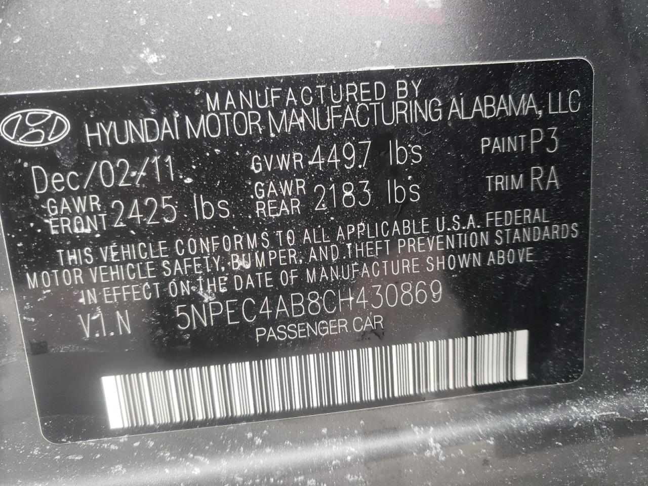 Photo 10 from auction – 2012 HYUNDAI SONATA SE with VIN 5NPEC4AB8CH430869