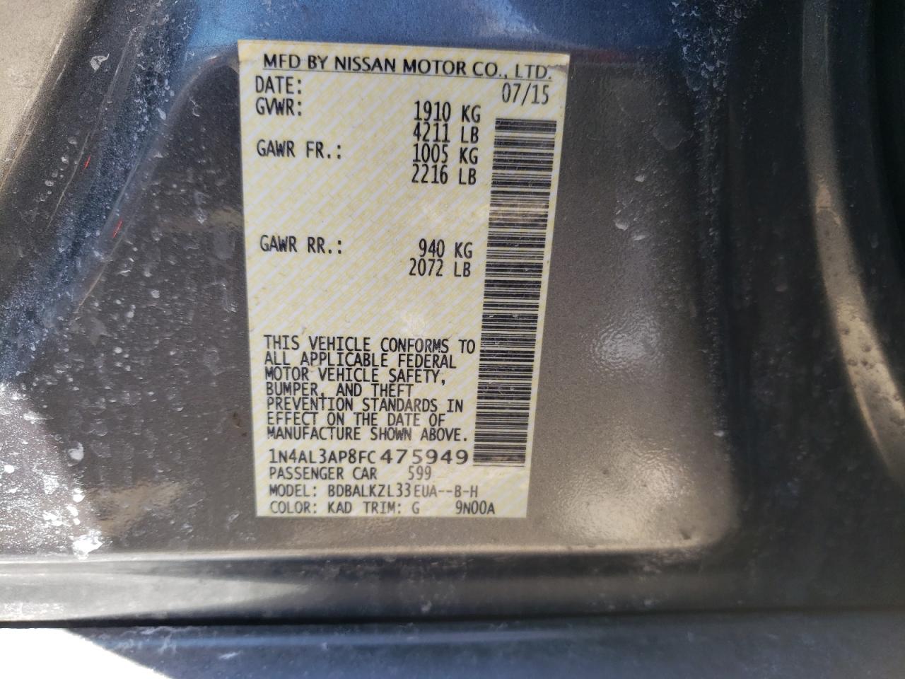 Photo 10 from auction – 2015 NISSAN ALTIMA 2.5 with VIN 1N4AL3AP8FC475949