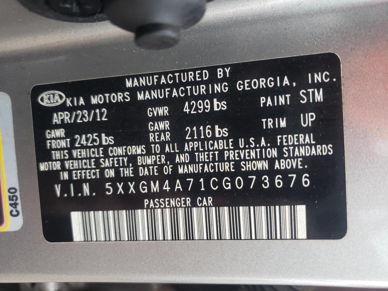Zdjęcie 10 z aukcji – 2012 KIA OPTIMA LX z VIN 5XXGM4A71CG073676