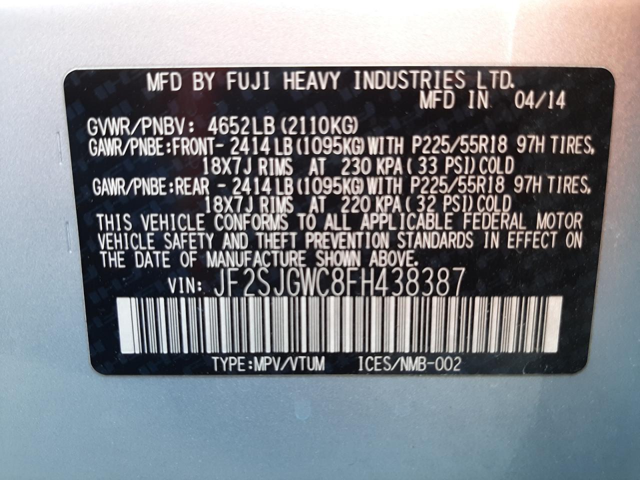 Photo 10 from auction – 2015 SUBARU FORESTER 2 with VIN JF2SJGWC8FH438387