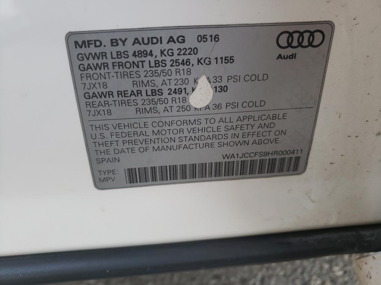 Photo 10 from auction – 2017 AUDI Q3 PREMIUM with VIN WA1JCCFS9HR000411