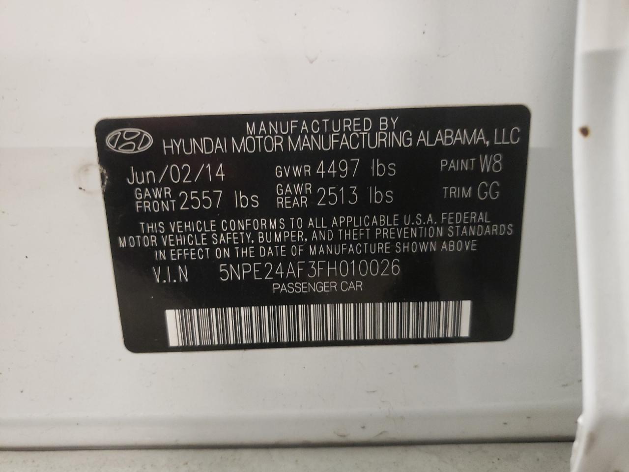 Photo 10 from auction – 2015 HYUNDAI SONATA SE with VIN 5NPE24AF3FH010026