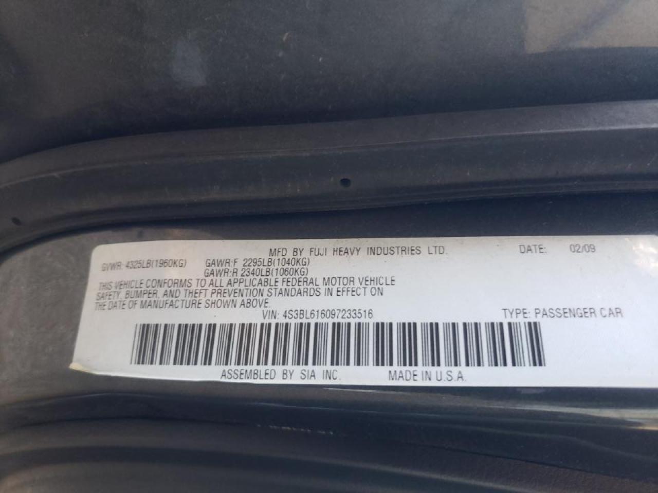 Photo 10 from auction – 2009 SUBARU LEGACY 2.5 with VIN 4S3BL616097233516