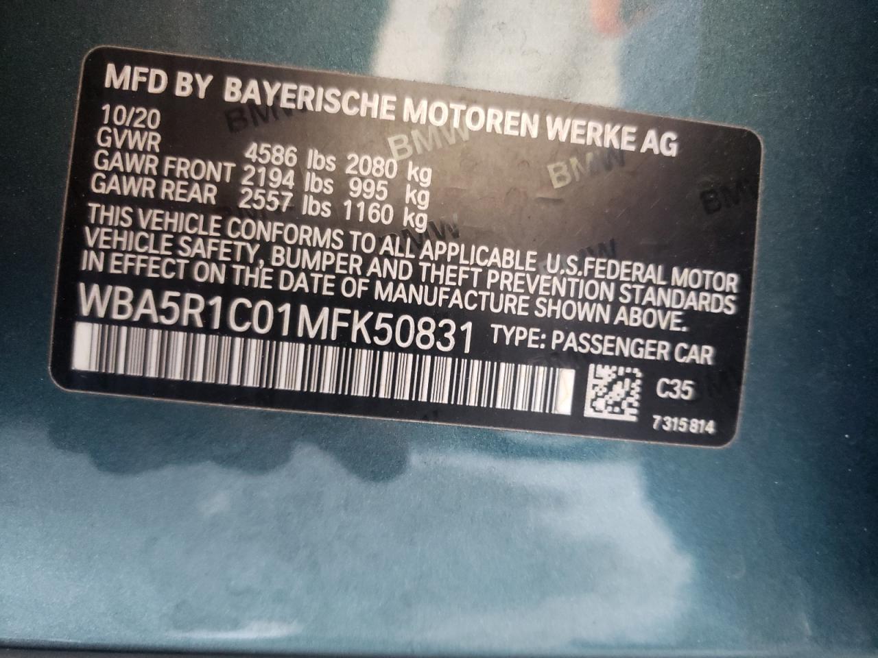Photo 10 from auction – 2021 BMW 330I with VIN WBA5R1C01MFK50831