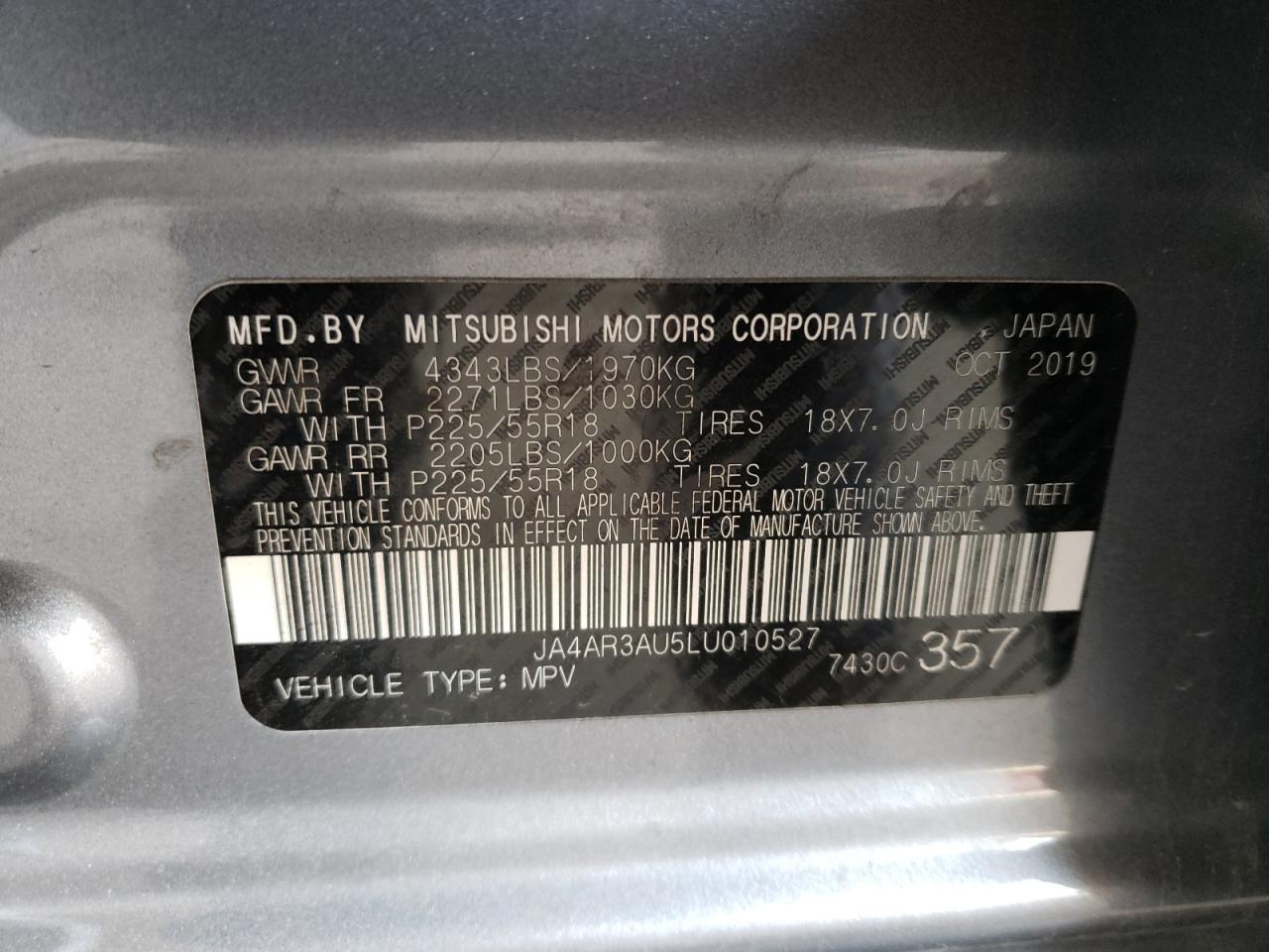 Photo 10 from auction – 2020 MITSUBISHI OUTLANDER with VIN JA4AR3AU5LU010527