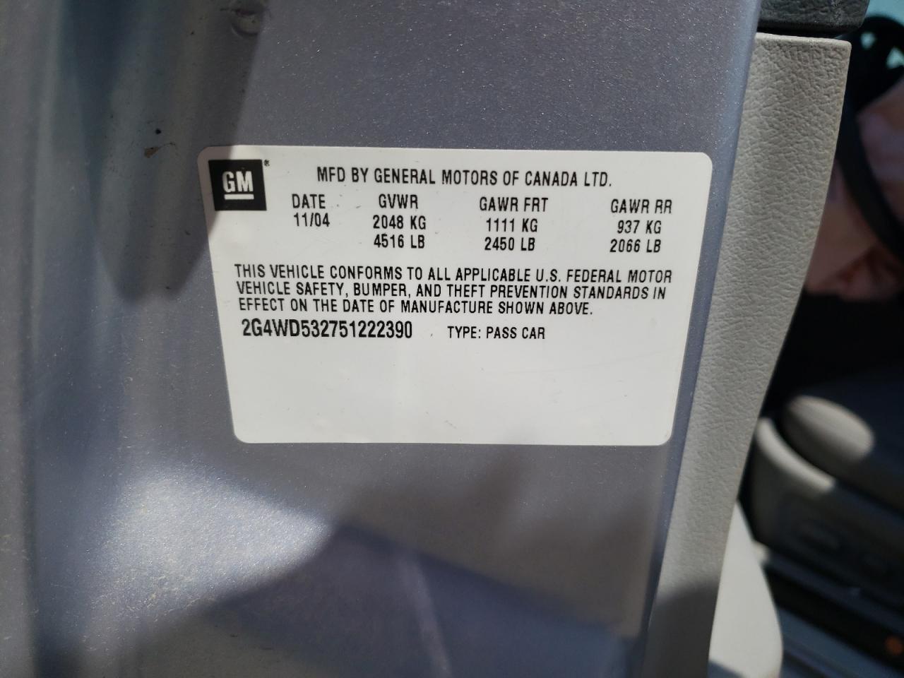 Photo 10 from auction – 2005 BUICK LACROSSE C with VIN 2G4WD532751222390