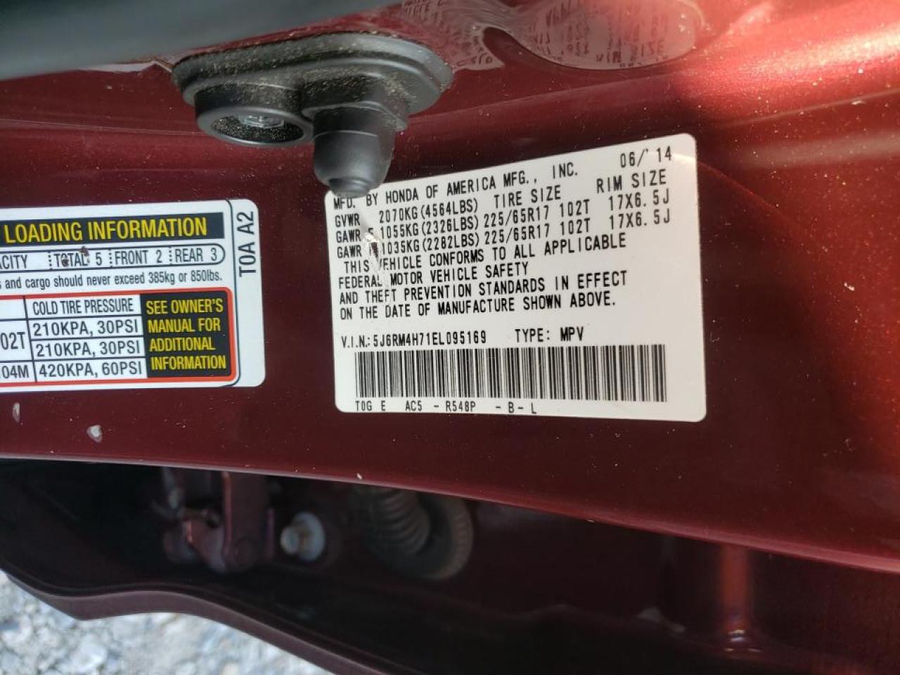 Photo 10 from auction – 2014 HONDA CR-V EXL with VIN 5J6RM4H71EL095169