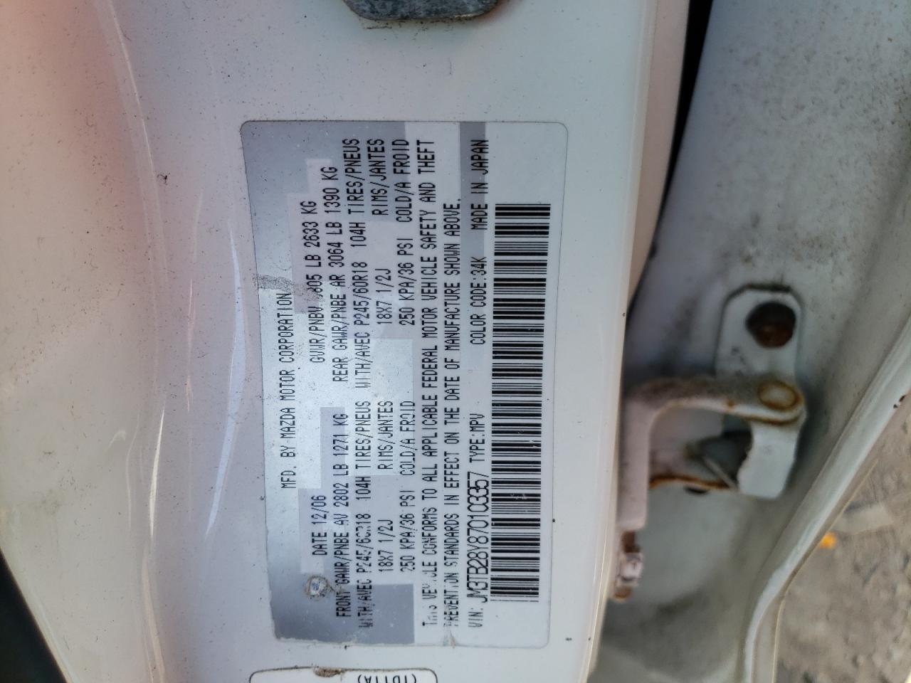 Photo 10 from auction – 2007 MAZDA CX-9 with VIN JM3TB28Y870103357