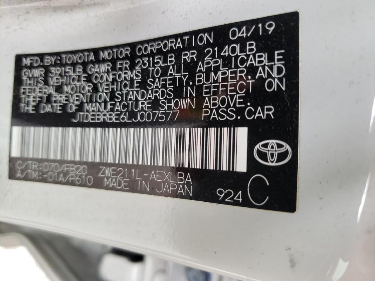 Photo 10 from auction – 2020 TOYOTA COROLLA LE with VIN JTDEBRBE6LJ007577