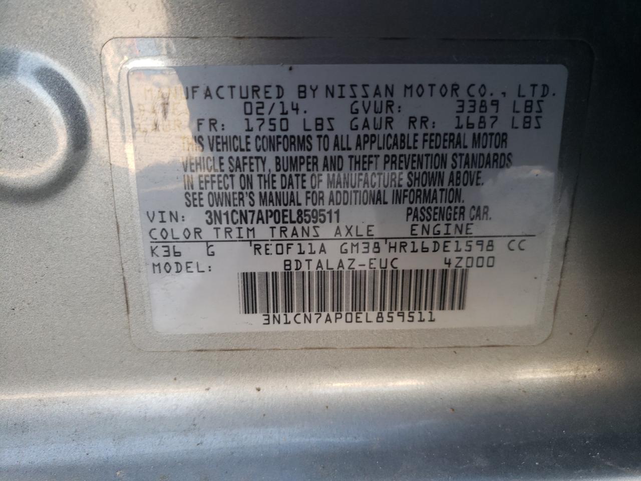 Photo 10 from auction – 2014 NISSAN VERSA S with VIN 3N1CN7AP0EL859511